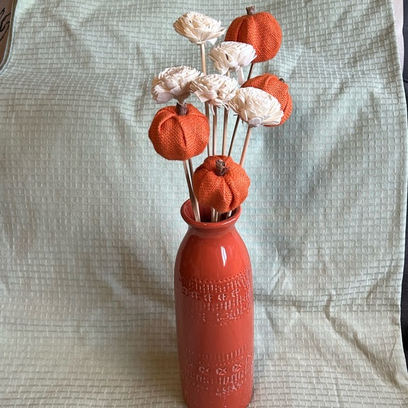 Textured orange vase with pumpkins and wood flowers halloween thanksgiving - Picture 1 of 4